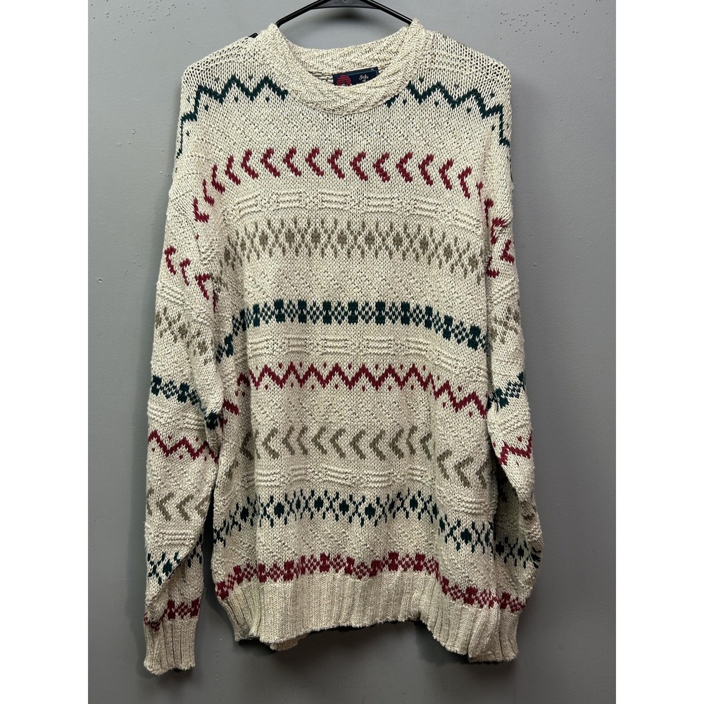 Isle of Cotton Sweater Mens XL Cream Multi Fair Isle Chunky Knit Vintage USA